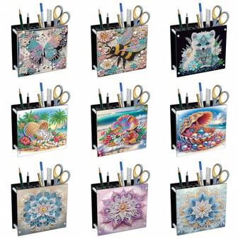 1pc/9pcs 5D DIY Diamond Painting Kit - Butterfly, Bee, Wolf, Beach Shell, Mandala Flower Double-Sided Pattern Acrylic Pen Holder, Office Decor, Animal Theme Desktop Storage Box, Back To School Supplies, Cute Stationery, Graduation, New Year, Valentine's Day Gift
