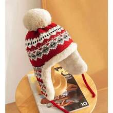 1pc Women's Colorblock Furry Warm Knit Beanie Hat, Autumn/Winter, Thick Ear Protection For Cycling - Burgundy - View 3