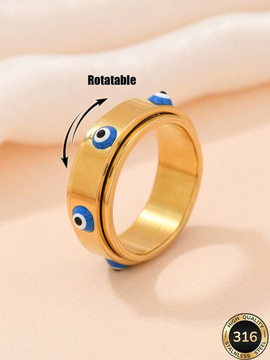 1pc Western 18k Gold Plated Stainless Steel Rotatable Decompression Fun Ring Demon Evil Eye Charmrings Jewelry Women , Ring Gifts For Women Men Suitable For Wear With Daily Outfits And Party Accessories - Yellow Gold - View 1
