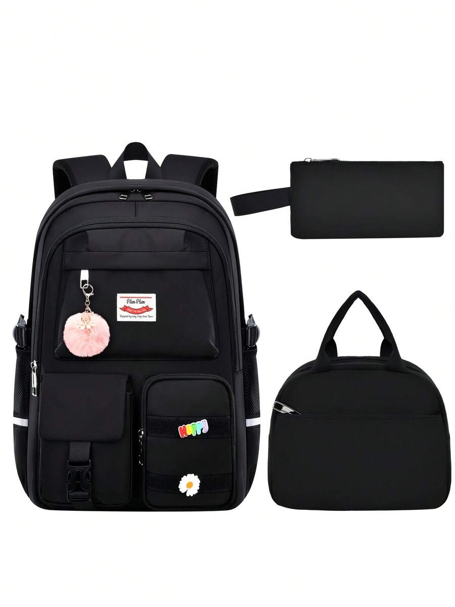 1 Set Solid Color (Plush Pendant + Detachable Hook And Loop*2) Backpack Combo Set, Suitable For Outings And Work, Dual Zipper Design, Can Carry Laptop, Large Capacity, Back To School Gift - Multicolor - View 1