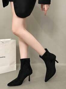 Pointed Toe High Heel Ankle Boots For Women, New Autumn/Winter Fashion Slim Stiletto Heel Suede Dress Boots, Elegant - Black - View 1
