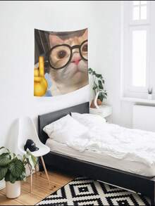 1 件趣味可爱猫咪设计壁挂挂毯，树剪影与星星印花矩形涤纶挂毯，适用于客厅、卧室、办公室墙壁装饰、派对装饰，附带 3 个墙钉和 2 个夹子 - 彩色 - 查看 9