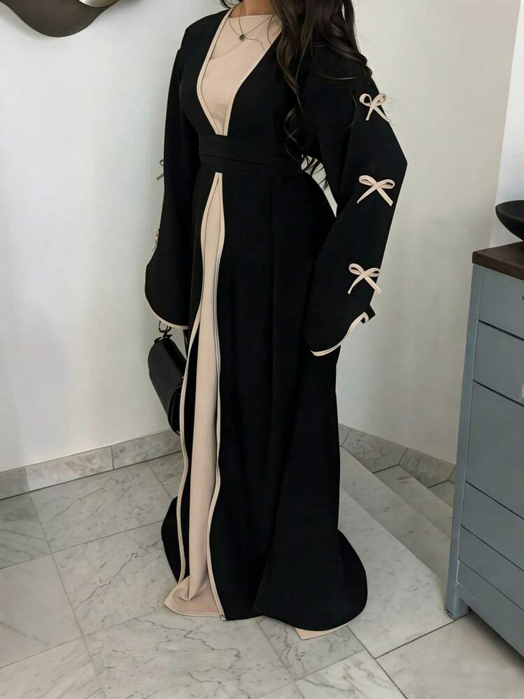 SuofeiMan New Stylish Middle Eastern Minimalist Bow Abaya, Black Solid Color Casual Soft Comfortable Jacket With Belt, Festival Robe, Daily Wear Dress Spring - Black - View 3