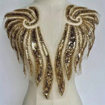 1 Paar Perlen-Mesh goldene & weiße Flügel Applikationen, für Brautkleid, Tanzanzug Dekoration