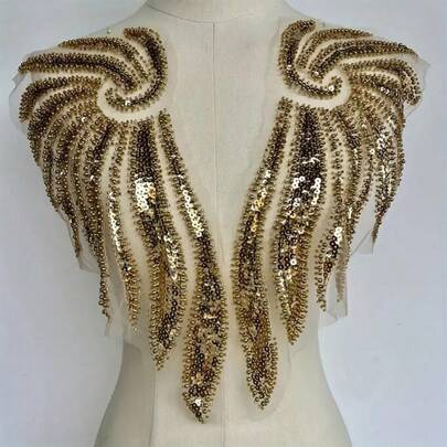 1 Pair Beaded Mesh Golden & White Wing Applique Patches, For Wedding Dress, Dance Costume Decoration