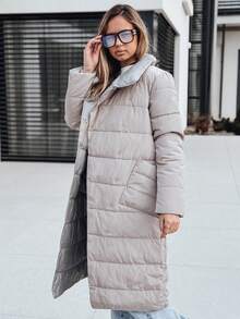 Women's Long Quilted Coat, Simple And Loose Cut, Snap Button Design, High Collar, Polyester Fabric, Smooth Lining, Knee Length, With Side Pockets, Suitable For Autumn And Winter Wear. - Beige - View 4