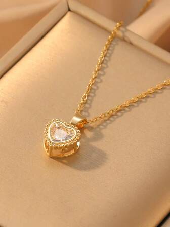 1pc Women's Necklace With Copper Plated Zirconia Heart Pendant, Suitable For Daily Wear, Dates, And Gifts For Girlfriend