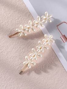2pcs/Set Fashionable & Elegant Flower & Pearl Hair Clips For Kids - Beige - View 4