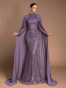 Women's Heavily Beaded & Sequined Stand Collar Long Sleeve Cape Dress, Luxury Wedding, Formal Evening Gala, Prom, Awards Ceremony, Corporate Party Gown, High-End Elegant Party Dress - 深紫色 - 查看 5