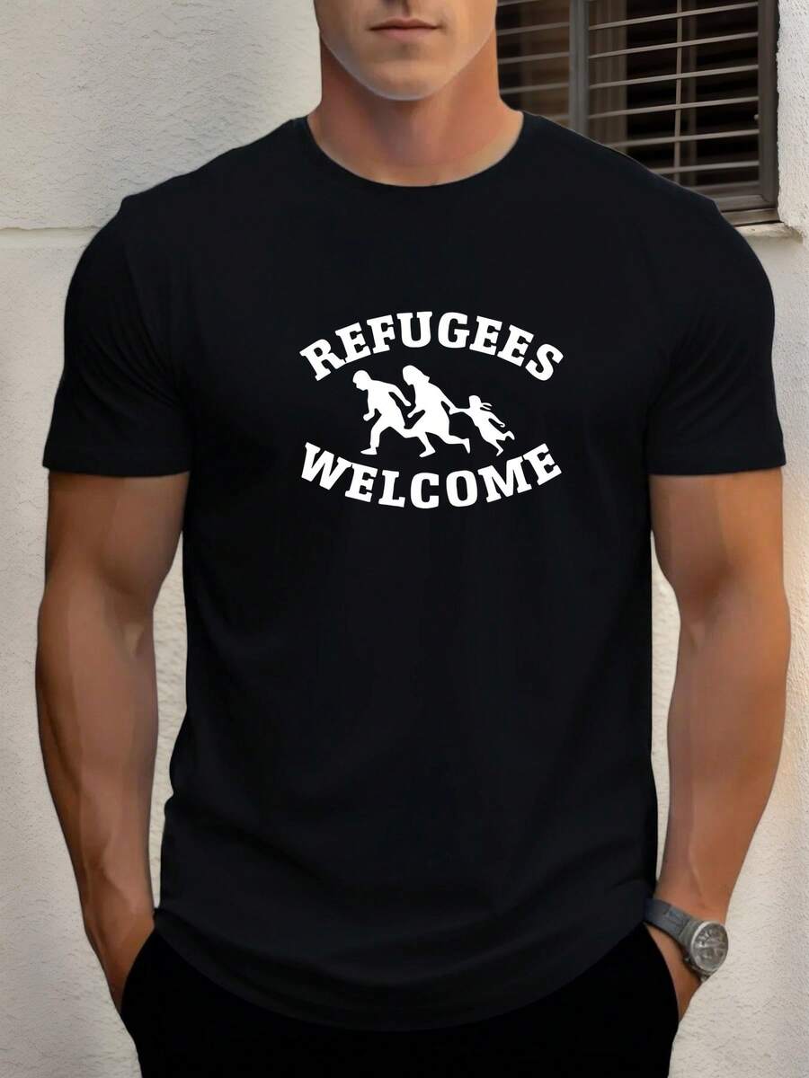 Camiseta Casual Gráfica para Hombres; Refugiados Bienvenidos; Negra con Impresión Blanca. Camiseta ligera de verano de manga corta y cuello redondo. Ajuste regular para adultos. Atuendo Casual. Camisa de Declaración Audaz. Tela cómoda. Camiseta de impresión duradera - Negro - Ver 1
