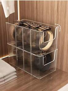 2pcs Transparent Acrylic Belt Storage Box, Suitable For Wardrobe And Drawers, With 3 Adjustable Compartments And Stackable Design, Ideal For Organizing Ties, Belts And Jewelry