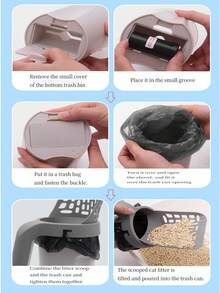 Cat Litter Scoop Set With Built-In Trash Bag, Portable Cat Litter Scooper Shovel Cleaning Tool - Grey - View 3