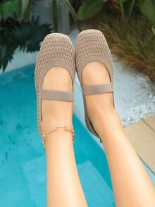 女士休闲玛丽珍鞋，系带编织方头套脚鞋，春夏款 - 卡其色小格子 - 查看 7