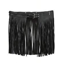 1pc Women's Fashion Tassel Skirt, Sexy Black Leather Bondage Tassel Skirt Apparel Waist Belt