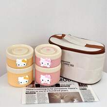 Sanrio 1个三丽鸥Hello Kitty不锈钢/塑料可爱卡通便当盒（隐藏式提手），2个便携式保温午餐袋（DIY），可重复使用的密封设计，带保温孔，经济实惠的便携式水果蔬菜午餐盒 - 圆形卡通午餐盒 - 便携式，手动操作，手洗，适合学生、学校、办公室、健身房、户外、露营。学生午餐盒 | 简约设计 | 保温食品容器 - 彩色 - 查看 7