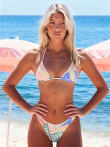 Bộ bikini hai mảnh hở lưng, cổ yếm, cạp cao, họa tiết lá cây thời trang, thích hợp cho kỳ nghỉ hè trên bãi biển, màu hồng. - Hồng - Xem 4