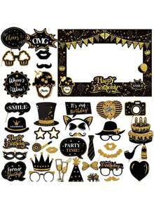38pcs Gold Glitter Birthday Photo Booth Props, Birthday Party Decorations For Men & Women, Funny Cute Holiday Birthday Party Supplies (Gold & Black) - Multicolor - View 2
