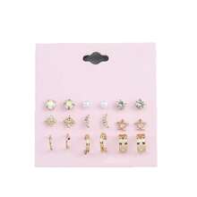 9对合金水晶珍珠月亮星星U形耳环套装，优雅独特设计，女士耳环 - 彩色 - 查看 5