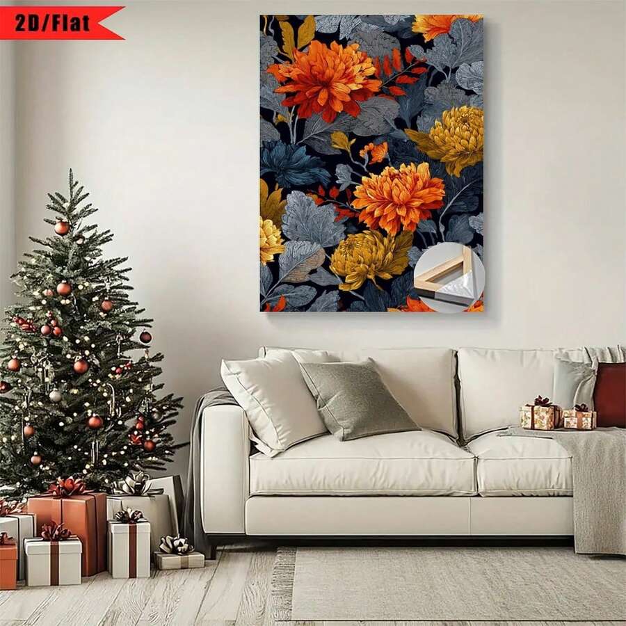Enmarcado [2D Plano] 1 Pieza 2D Plano Patrón Floral y de Hojas en Naranja, Azul Marino, Amarillo y Gris| Decoraciones de regalo para el Día de Acción de Gracias y otras festividades, muy adecuadas para el hogar, habitación, sala de estar, dormitorio, decoración de baño, arte en lienzo con marco de madera, disponibles enúltiples tamaños, se pueden colgar directamente sin instalación. - Multicolor - Ver 1