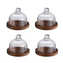 1 set Bandeja redonda mini con tapa de vidrio, plato de postre de base de madera, bandeja de postre - Multicolor - Ver 1