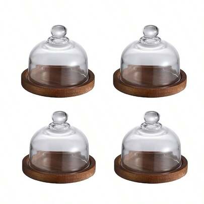 1set Mini Round Tray With Glass Cover, Wooden Base Dessert Plate, Dessert Tray