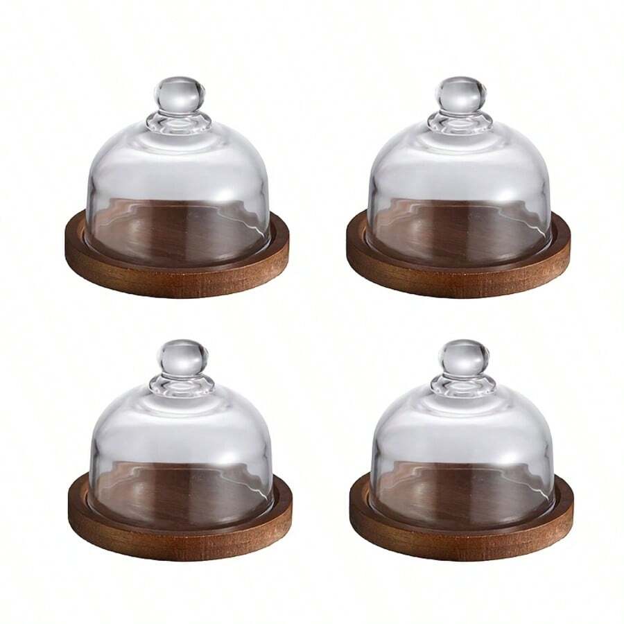 1 set Bandeja redonda mini con tapa de vidrio, plato de postre de base de madera, bandeja de postre - Multicolor - Ver 1