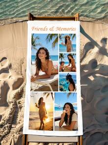 1 Customizable Photo Name Beach Towel - Soft Polyester Blend, Customizable For 6 Photos, Rectangular Swimming Pool And Beach Towel With Bright Swimsuit Print - Ideal Personalized Vacation Gift, Personalized Towel | Modern Style Towel | Quick Drying Fabric, Personalized Beach, Bath Towel