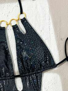 1 pieza Bikini circular de punto elegante y sexy con estilo bohemio y metálico, adecuado para la playa, viajes, citas, primavera/verano