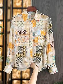 Women's Elegant Floral & Geometric Pattern Long Sleeve Casual Spring/Summer Shirt, Button-Down Collar & Front, Regular Fit, Suitable For Dates, Holidays, Parties, Travel, Airport - Coffee Brown - View 9