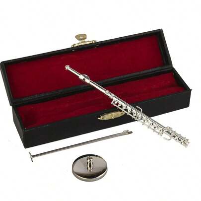 Miniature Flute With Stand And Case Brass Mini Musical Instrument Flute Replica Collectible Figurines Dollhouse Accessories Model Home Decoration Display Ornament (Silver, 5.39")
