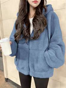 Drawstring Hooded Sweatshirt Style Plush Coat, Versatile European And American YK2 Style Fashionable Casual Versatile Women's Hooded Warm Cardigan Plush Top, Sweet And Spicy Style Jacket, High-End Feel, Warm Autumn And Winter New Street College Style Comfortable And Warm Plush Coat Women's Long-Sleeved Top, Spring And Autumn New Arrivals Outing Top, Cotton Women's Top, Women's Street Clothing Sports Top Women's Clothing, Casual And Comfortable Silhouette, Soft And Warm Fur, Blue Top, Autumn And Winter New Fleece-Lined, Jacket, Abrigos Mujer De Invierno, Plumifero Mujer, Anorak De Mujer, Abrigos Mujer De Invierno>Elegante, Plumas Mujer Abrigo, μπουφάν, Winterjas, Bodywarmer, Abrigo, Giubbotto Donna Invernale Curvy, Outfit Capodanno, Solid Color, Loose Fit Fashionable Women's Top - Blue - View 4