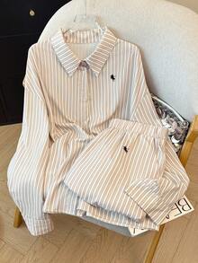 PARARAL 大码女装时尚度假条纹刺绣长袖衬衫和阔腿裤休闲两件套，女士度假装，女士春季休闲套装，女士杏色条纹套装，女士夏季日常优雅穿着 - 杏色 - 查看 4