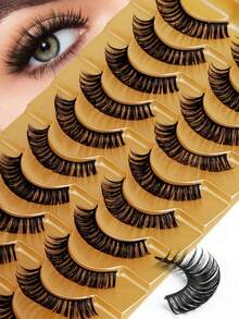10 Pairs Natural Look D-Curl Faux Mink Lashes, Thick Cat Eye Lashes, Cartoon Lashes, Strip Lashes - Black-03 - View 1