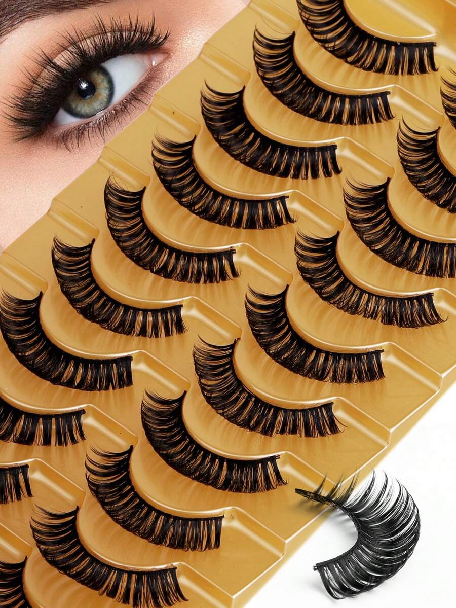 10 Pairs Natural Look D-Curl Faux Mink Lashes, Thick Cat Eye Lashes, Cartoon Lashes, Strip Lashes - Black-03 - View 1