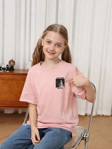 Tween Girl Casual Fun Graphic Print Crew Neck Short Sleeve T-Shirt Top, Summer - Pink - View 4