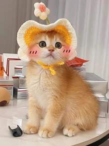 Handmade Knitted Pet Hat With Flower Decor, Soft & Warm, Fashionable & Cute, Suitable For Small Dogs & Cats, Ideal Gift For Pet Lovers As Pet Accessory, Pet Clothing, Photography Prop - Multicolor - View 4