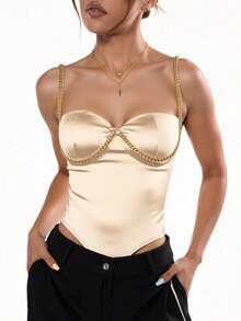 Body liso de satén elegante con detalle en copa y espalda al aire para dama - Beis - Ver 2