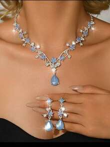 3件套波西米亚风花卉水晶锁骨链，优雅合金项链套装，新娘婚礼首饰 - 淺藍色 - 查看 3