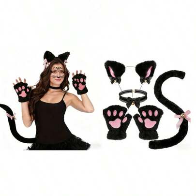 4 pièces/set Accessoires de cosplay mignons de chat/lapin de bande dessinée, décorations de fête, serre-tête d'oreilles de chat, gants de pattes de chat, collier de queue de chat, accessoires de représentation, noir