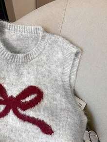 大码女式针织背心，带蝴蝶结装饰，无袖针织套头毛衣，宽松叠穿冬季毛衣 - 卡其色 - 查看 4