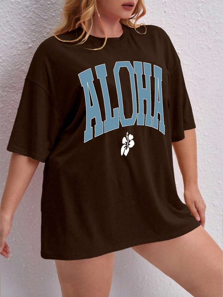 Oversized Printed Aloha Flower T-Shirt, Summer/Spring Short Sleeve Blouse, Lightweight Gym Wear - Rust Brown - View 1