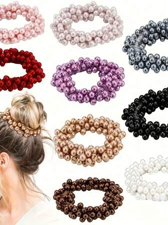 4pcs Women's Black, White, Gray, Pink Pearl Hair Scrunchies, Fashion Versatile High-End Elegant Minimalist Solid Color Hair Accessories, Suitable For Daily Outings, Casual, Party, Commuting, Vacation, Ponytail, Bun, Face Washing, Makeup, Outfit Matching ,Hair Elastics ,Hair Rubber Bands ,Hair Rope ,Elastic Hair Tie