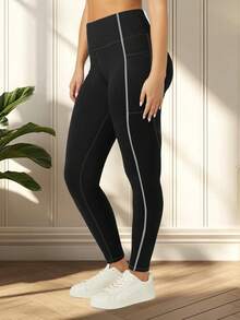 大码女式高腰收腹瑜伽裤，紧身打底裤，侧边口袋，撞色拼接设计，适合跑步、训练、休闲穿着，黑色，春季款 - 黑色 - 查看 7