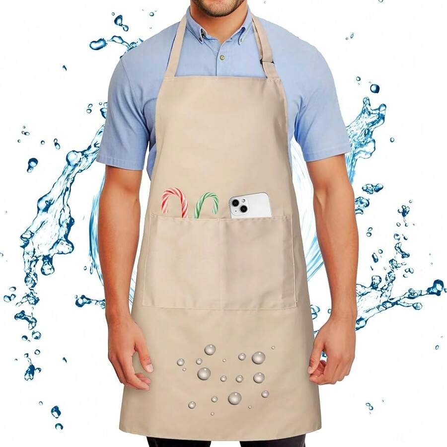 Chef Apron For Men And Women Wash Free Bib Apron With 2 Pockets Water & Oil Proof Adjustable Aprons,Khaki - Khaki - 查看 1