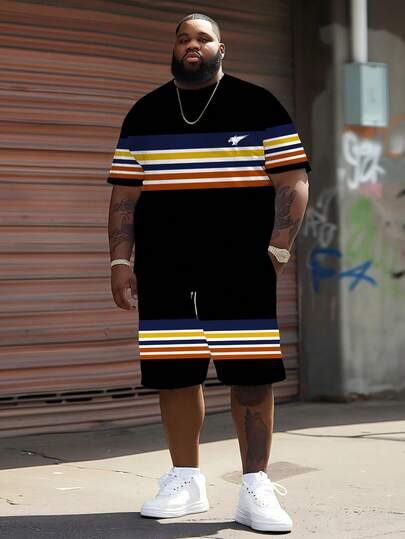 男士街头休闲运动套装 - 涤纶针织面料，圆领设计，抽绳短裤，口袋细节，常规版型，适合大码身材 - 采用多色格纹和猎豹图案