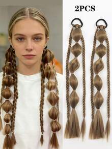 2 Pcs 18-Inch Handmade Fishbone Braid Ponytail With Elastic Bands, Suitable For Women - Multicolor - View 6