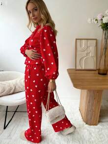 Womens 2 Piece Outfits Heart Print Peplum Tops  Pants Sets Puff Long Sleeve Blouse Y2K Lounge Sets - 紅色 - 查看 4