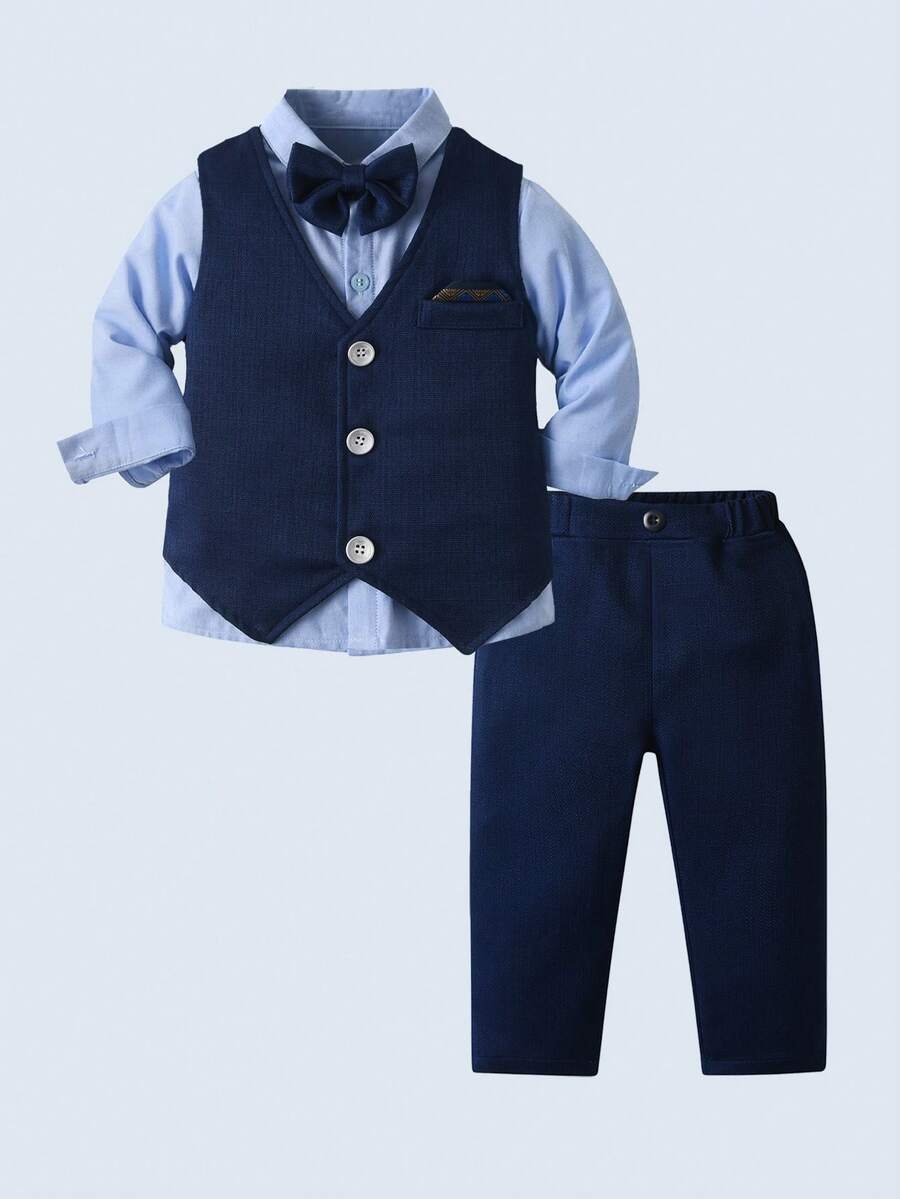 BOARNSEORL 3pcs Baby Boys Gentleman Outfit Set: Long Sleeve Shirt With Bow Tie, Navy Vest, And Pants, Fashionable & For New Year's Eve, Christmas Party, Wedding, Banquet - Navy Blue - View 1