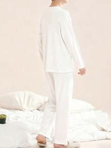 AICJ 男士休闲宽松纯色睡衣套装（2件套），圆领套头衫和长裤，适合春、秋、冬三季穿着，保暖舒适，居家必备。 - 白色 - 查看 2