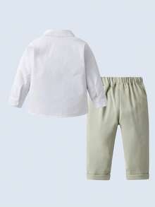 BOARNSEORL 两件套男童绅士套装 - 长袖衬衫配领结和浅绿色长裤，时尚优雅，适合生日派对、家庭聚会、正式场合。 - 綠色 - 查看 3